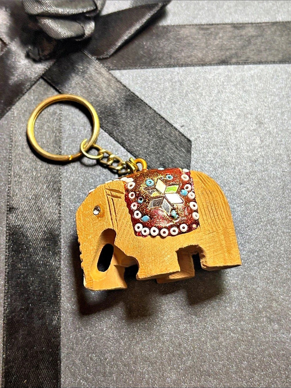 Embellished Elephant Keychain in Brown & Gold